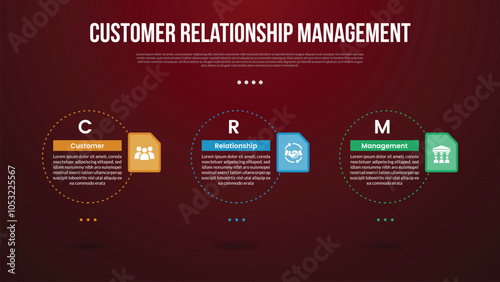 CRM infographic template with big table with big outline circle dotted horizontal with dark background style with 3 point for slide presentation