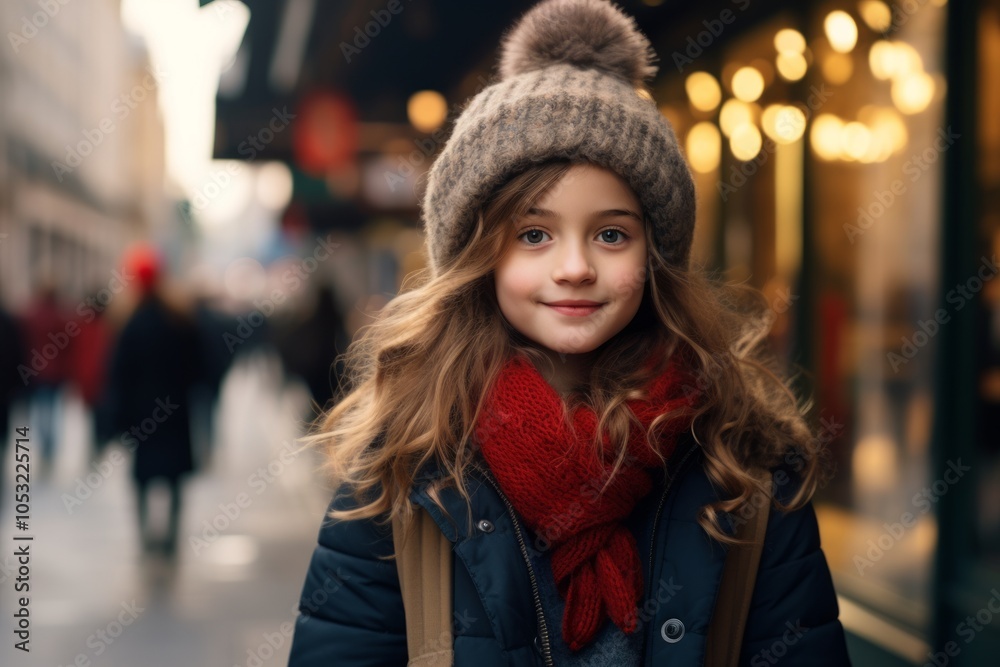 Portrait of a cute little girl in a hat and scarf on the street Portrait of a cute little girl in a hat and scarf on the street