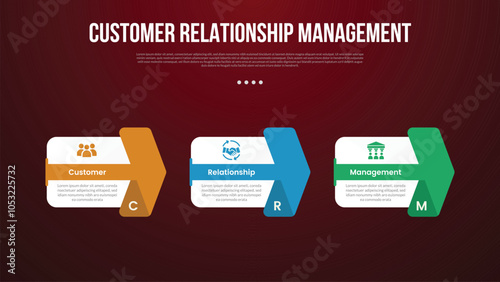 CRM infographic template with big box and creative arrow through shape with dark background style with 3 point for slide presentation