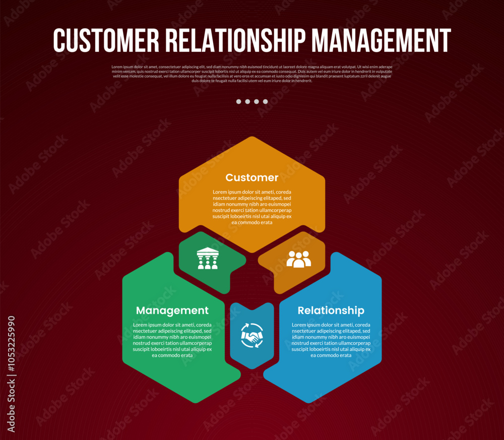 CRM infographic template with cycle circular hexagon shape with circle on edge with dark background style with 3 point for slide presentation CRM infographic template with cycle circular hexagon shape with circle on edge with dark background style with 3 point for slide presentation
