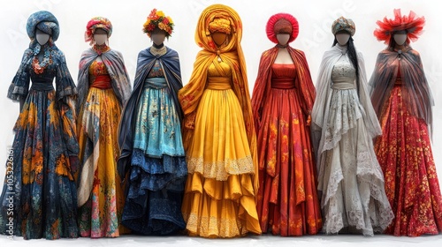 A display of colorful traditional dresses on mannequins.