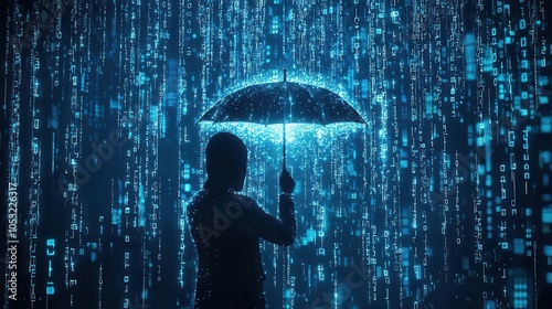 A digital silhouette holding up a glowing umbrella, deflecting streams of data trying to breach their privacy from all directions