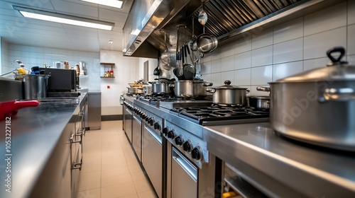 Modern, stainless steel kitchen with stove top, pots and pans, and a vent hood.