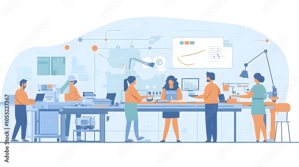 Ambitious professionals of contemporary factory standing in industrial shop and working as team. Ambitious professionals of contemporary factory standing in industrial shop and working as team.