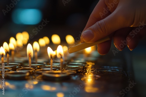 Hanukkah Candles Being Lit: A detailed shot of a hand lighting the candles of a menorah using the shamash (helper candle), with the focus on the flame and the melting wax. photo