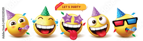 Emoji birthday party emoticon characters vector set. Emojis emoticon character icon collection like birthday clown in happy, naughty and  funny facial expressions wearing hat collection elements. 