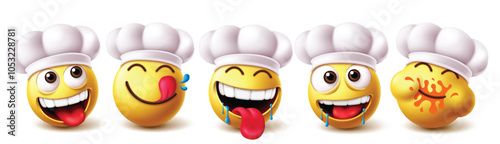 Emoji chef character vector set. Emojis emoticon chief cook professional character in happy, craving, thirsty, silly and drooling faces wearing white hat elements collection. Vector illustration emoji