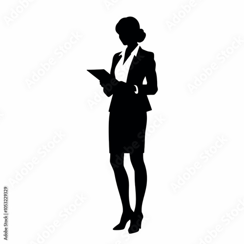 a business woman standing with holding a notebook vector silhouette