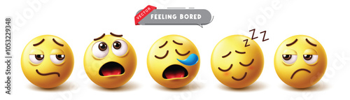 Emoji bored character vector set. Emojis emoticon 3d character like stress, thinking, unwell, tired and boredom feeling yellow icon collection. Vector illustration emojis bored icon collection.
