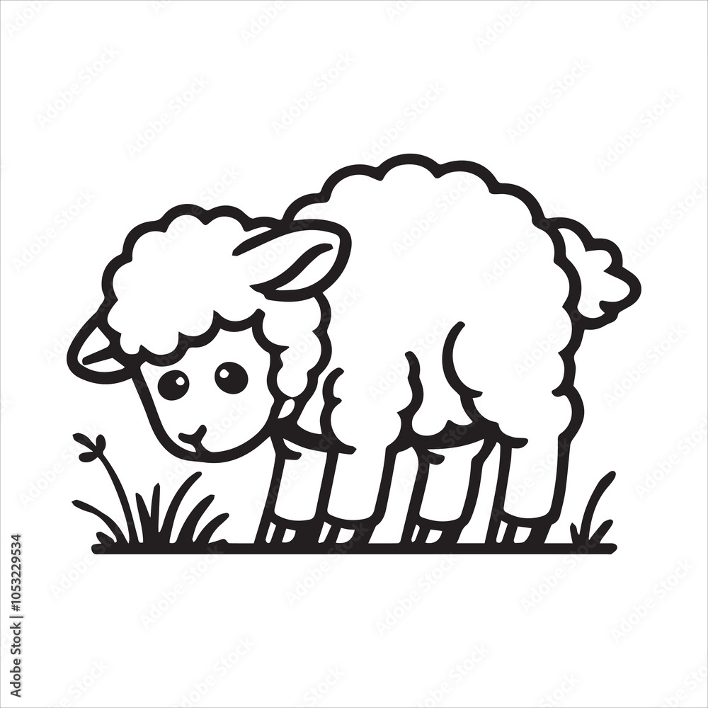 Fototapeta premium Cute Baby Sheep Outline Clipart Design - Sheep vector illustration in black and white 