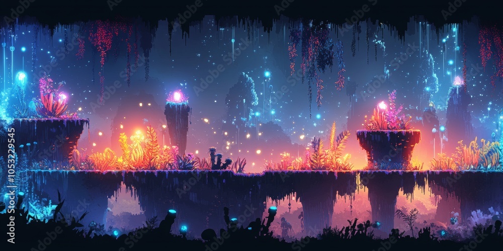Fototapeta premium Alien World Adventure, vibrant 2D platformer level featuring a flat terrain adorned with luminous alien flora and levitating platforms