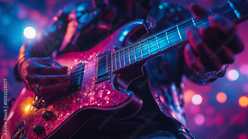 Obraz premium A man is playing guitar on stage, close-up.