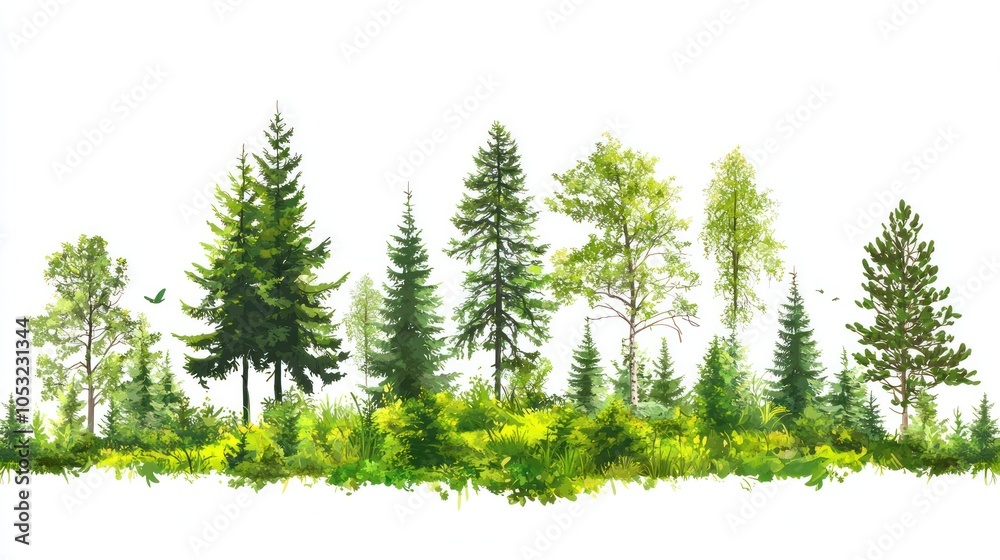 Green trees in the forest isolated on white background Green trees in the forest isolated on white background