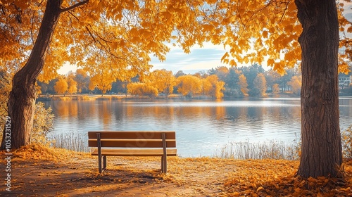 Golden autumn landscape featuring a solitary bench by a tranquil lake surrounded by vibrant fall foliage