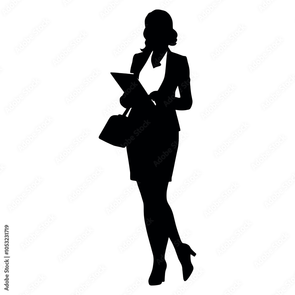 a business woman standing with holding a notebook vector silhouette