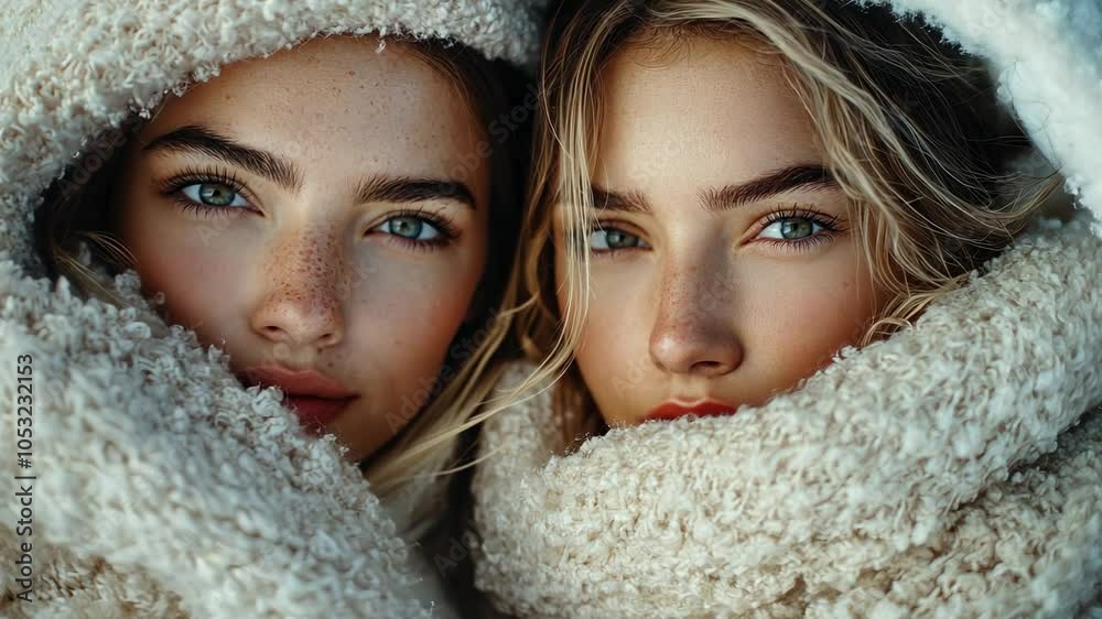 Two women wrapped in warm fuzzy white scarves, female, girl, face, eyes, blue eyes Two women wrapped in warm fuzzy white scarves, female, girl, face, eyes, blue eyes