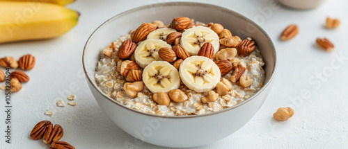 Healthy bowl of oatmeal topped with bananas and nuts, perfect for breakfast or a nutritious snack.