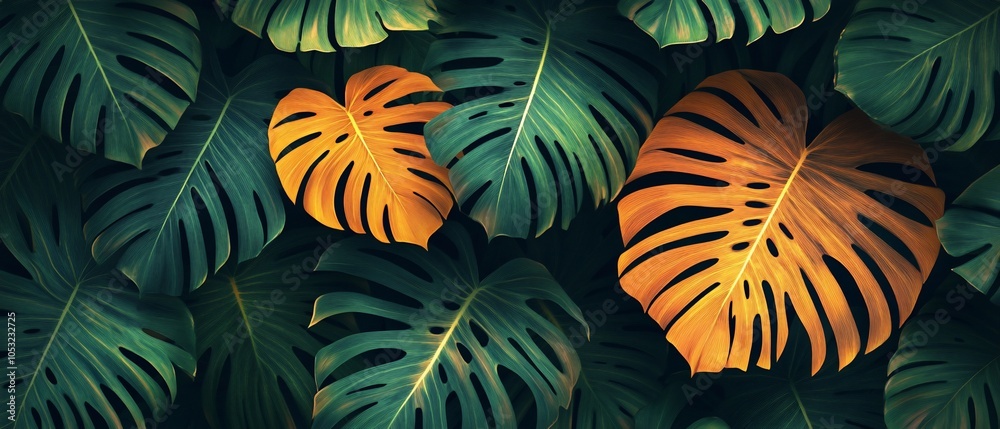 A vibrant arrangement of tropical leaves in shades of green and orange.