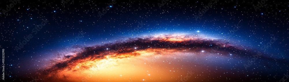 Stunning view of a galaxy at twilight, showcasing vibrant colors of blue and orange in a celestial panorama filled with stars. Stunning view of a galaxy at twilight, showcasing vibrant colors of blue and orange in a celestial panorama filled with stars.
