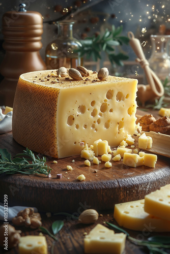 A slice of cheese with holes on a wooden board, surrounded by nuts and herbs