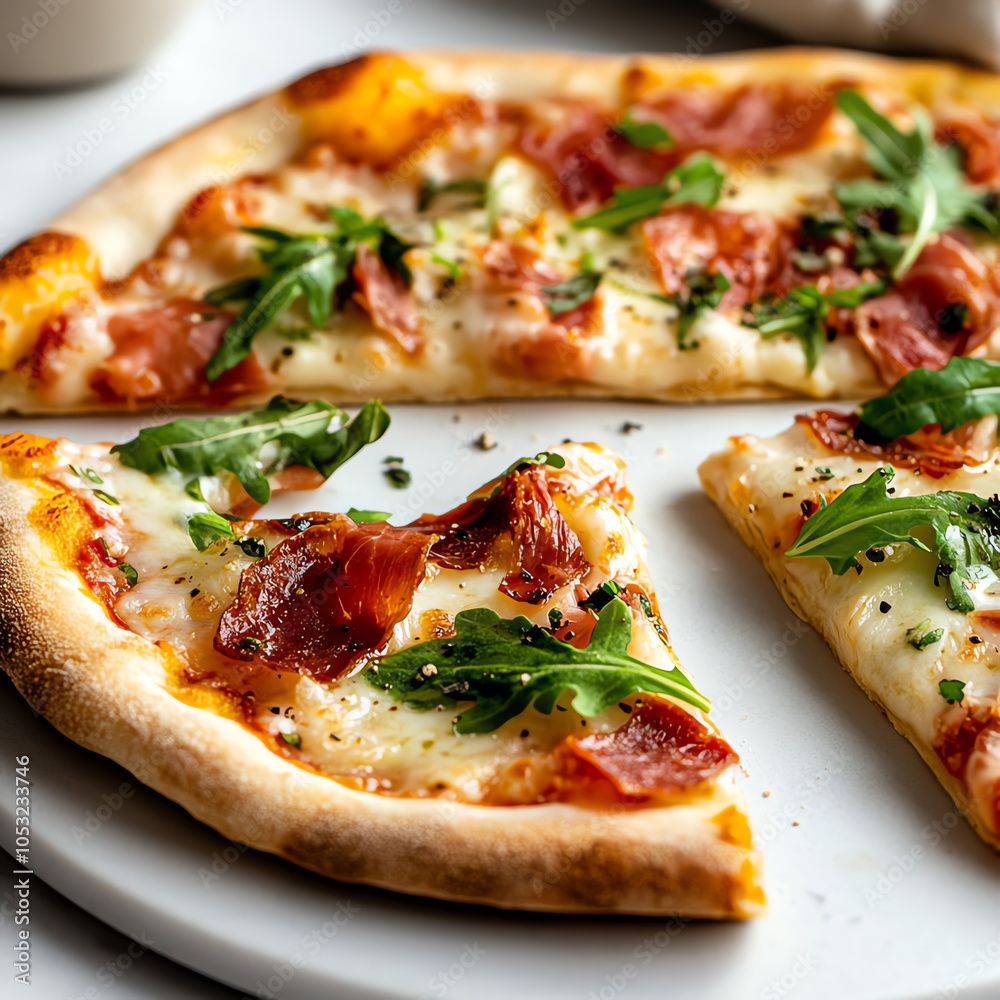 Deliciously fresh thin crust pizza topped with arugula and savory ingredients for the perfect bite