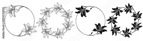 Lilies flower wreath set, hand drawn illustration for design of card or wedding invitation.