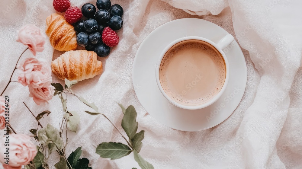 A warm flat lay of breakfast with berries, pastries, and coffee on a cozy background, great for social media posts. A warm flat lay of breakfast with berries, pastries, and coffee on a cozy background, great for social media posts.
