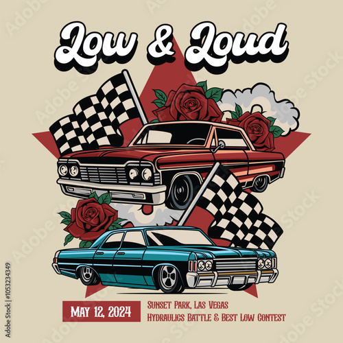 Vintage American Lowriders Car, Skull, Piston, Red Roses, and Race flag Poster in Vector Illustration for flyer, social media, web pages, print media, greeting card, invitation, banner