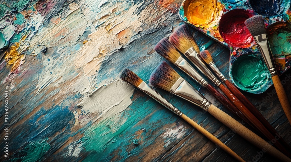 Obraz premium Artist paintbrushes palette canvas wooden table vibrant colors textures сopy space. AI generated