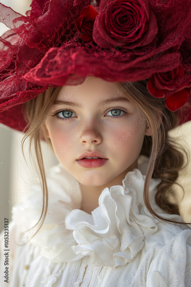 A young girl wearing a red hat with a rose on it A young girl wearing a red hat with a rose on it