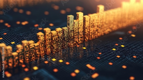 Abstract golden spikes shooting from a bar graph, symbolizing sudden rise in gold prices gold prices spike, market surge