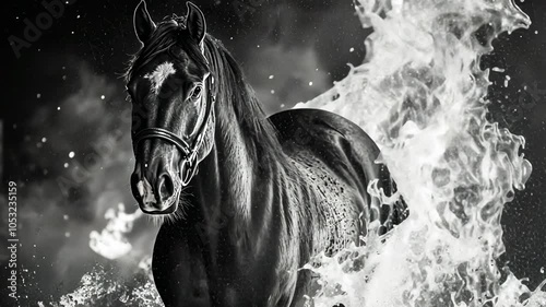 Black Horse Running Through Water, running horse, galloping horse, horse in water, water splash, water droplets