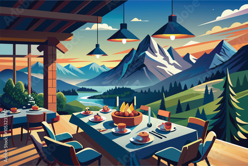 A serene mountain retreat featuring an outdoor dining area with a stunning view of snow-capped peaks during sunset in a picturesque landscape