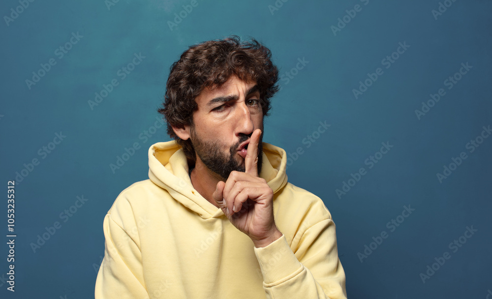looking serious and cross with finger pressed to lips demanding silence or quiet, keeping a secret looking serious and cross with finger pressed to lips demanding silence or quiet, keeping a secret