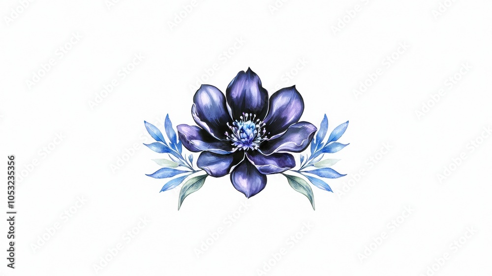 Obraz premium Elegant Black Flower with Blue Leaves Illustration