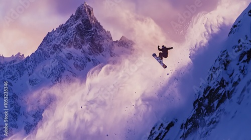 Skier carving through fresh powder snow on a steep mountain slope during winter amid dramatic peaks and cloudy skies photo