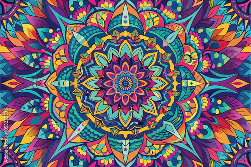 An intricate geometric design featuring vibrant colors and symmetrical patterns, showcasing a complex web of interconnected shapes and circles, ideal for art enthusiasts and designers