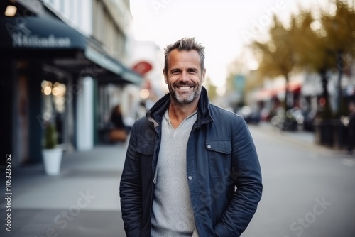 Portrait of a handsome middle aged man smiling in urban background.