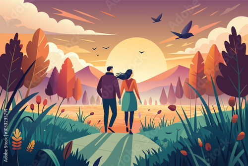 A couple enjoys a peaceful evening walk along a winding path, surrounded by lush green hills and colorful wildflowers as the sun sets over the horizon
