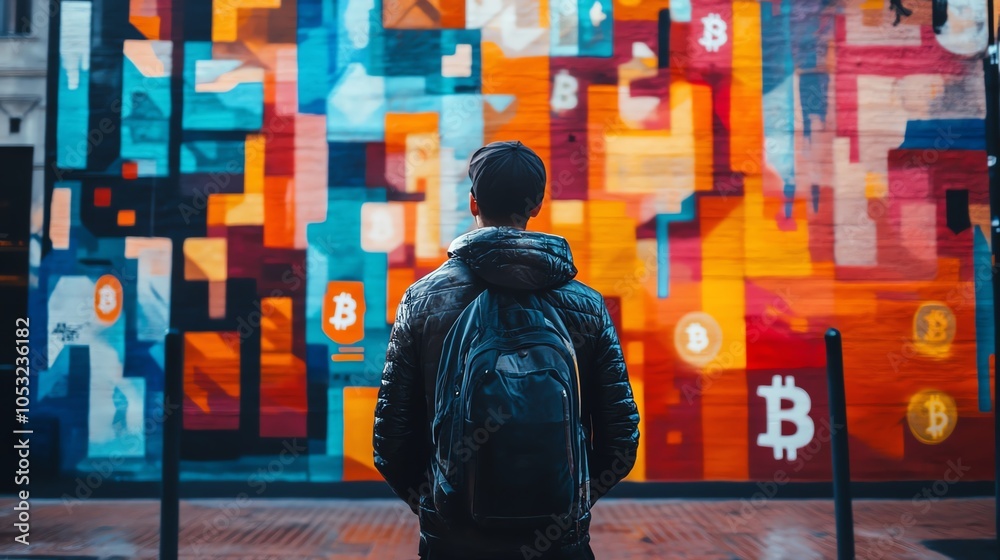 Person exploring vibrant urban mural art Person exploring vibrant urban mural art