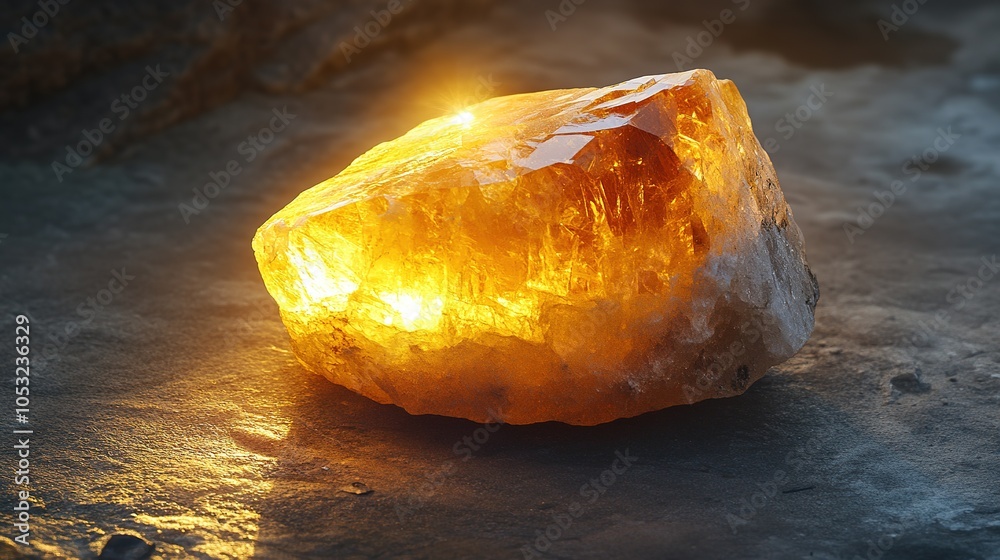 Beautiful golden crystal shining under warm sunlight, showcasing intricate details and rich color, displayed on a natural rock base Beautiful golden crystal shining under warm sunlight, showcasing intricate details and rich color, displayed on a natural rock base