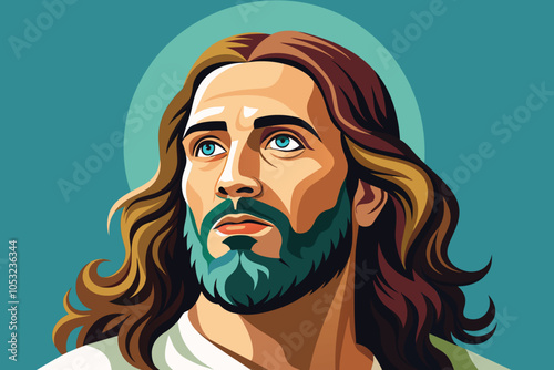 A detailed illustration of a man with long hair and a beard, depicting a serene expression against a blue background with a subtle halo effect, representing a spiritual figure