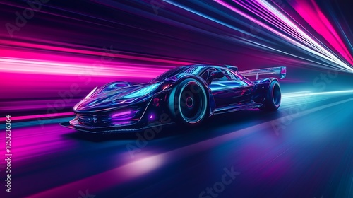 3D illustration of futuristic racing car, cyberpunk themed wallpaper. photo