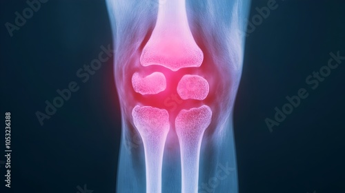 Detailed Medical X ray Image of an Osteoarthritic Knee Joint with a Red Overlay Highlighting the Affected Cartilage and Bone Areas  This Image Showcases the Signs of Degenerative Joint Disease photo