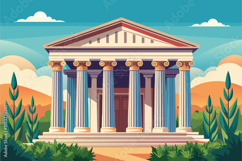 A beautifully illustrated ancient temple surrounded by lush greenery and mountains, showcasing classic architectural details under a bright sky and soft clouds