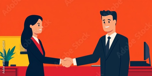 Professional Business Partnership: Illustrated Man and Woman Sealing a Deal with a Handshake in a Modern Office Setting