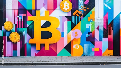 Colorful Bitcoin mural on urban wall photo