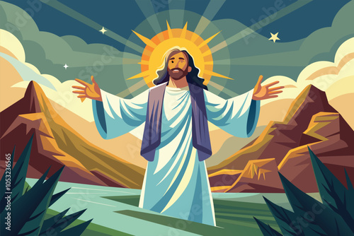 A serene depiction of a figure in flowing robes, arms outstretched in welcome, set against a backdrop of majestic mountains and a glowing sun rising in the sky during a peaceful day