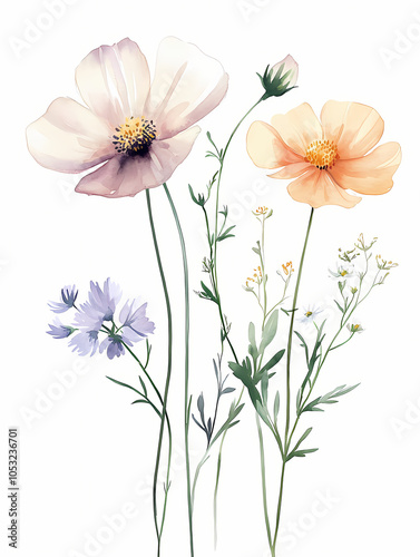 soft pastel pink cosmos flowers and buds, watercolor floral bouquet isolated on a white background 
