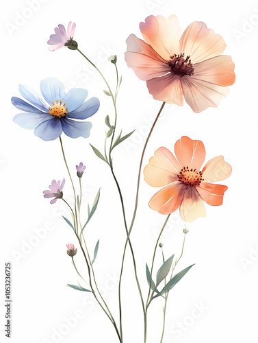 soft pastel pink cosmos flowers and buds, watercolor floral bouquet isolated on a white background 